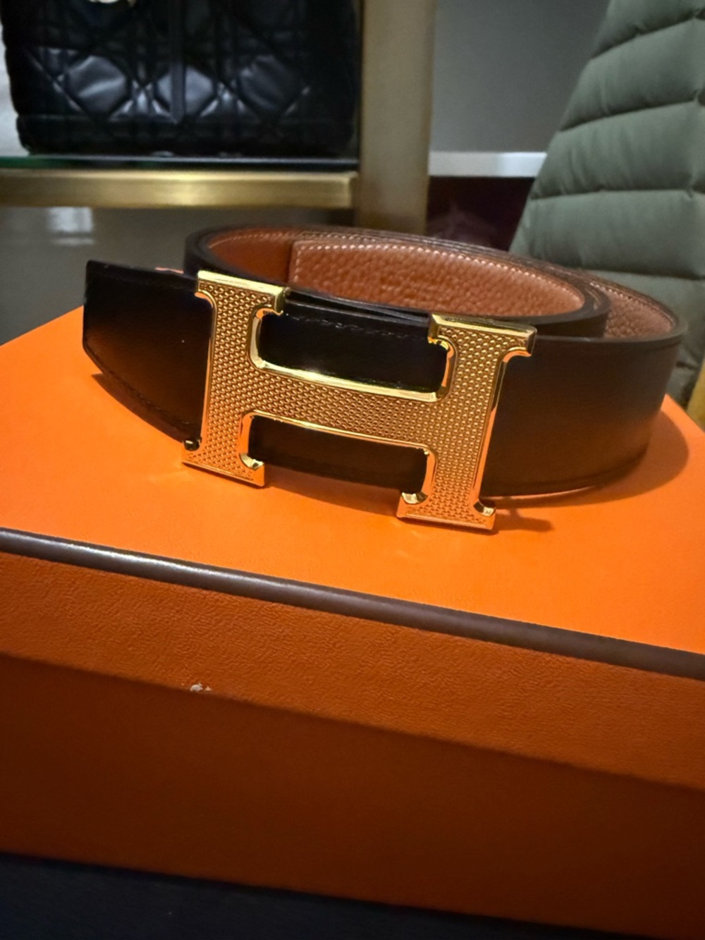 Reversible Black/Tan Leather Belt with Gold H Buckle